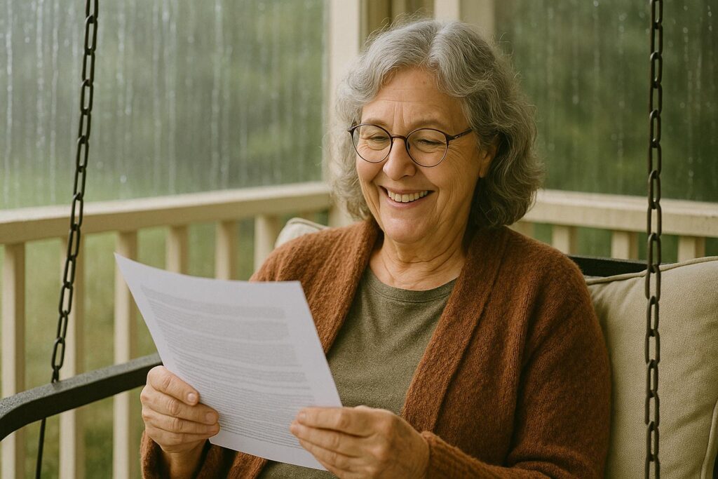 An older woman reads a printed-out copy of a book on standard printer paper